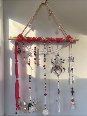 Handcrafted Red and Silver Beaded Glass Wind Chime Wall Hanging
